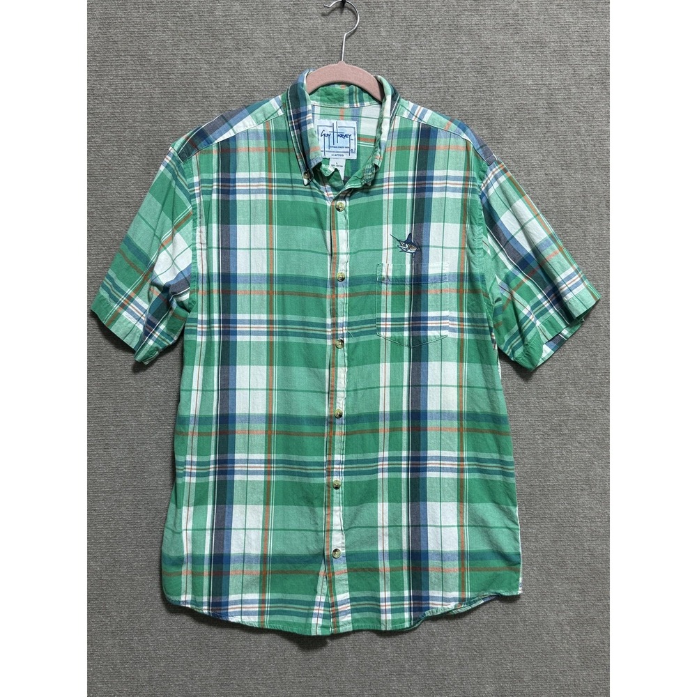 Guy Harvey‎ Shirt Mens Large Green Plaid Short Sleeve Button Down Fish Logo